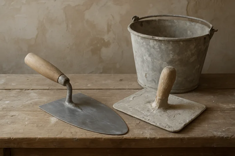 A steel trowel and a hawk on a workbench beside a bucket — choosing a heritage plasterer, Launceston. Illustrative example.