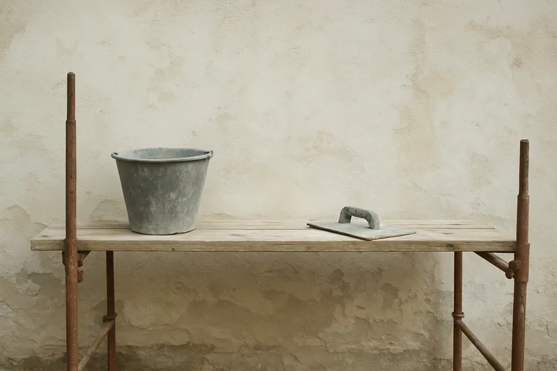 A low scaffold along an old rendered wall with a bucket and hawk on the planks — exterior and interior plastering, Launceston. Illustrative example.