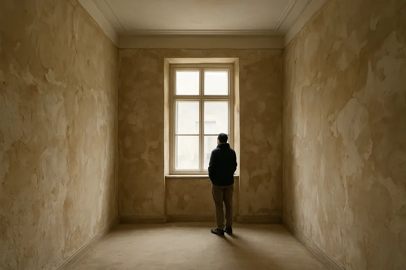 A high-ceilinged room with bare patched plaster walls and a tall window — heritage plastering, Launceston. Illustrative example.