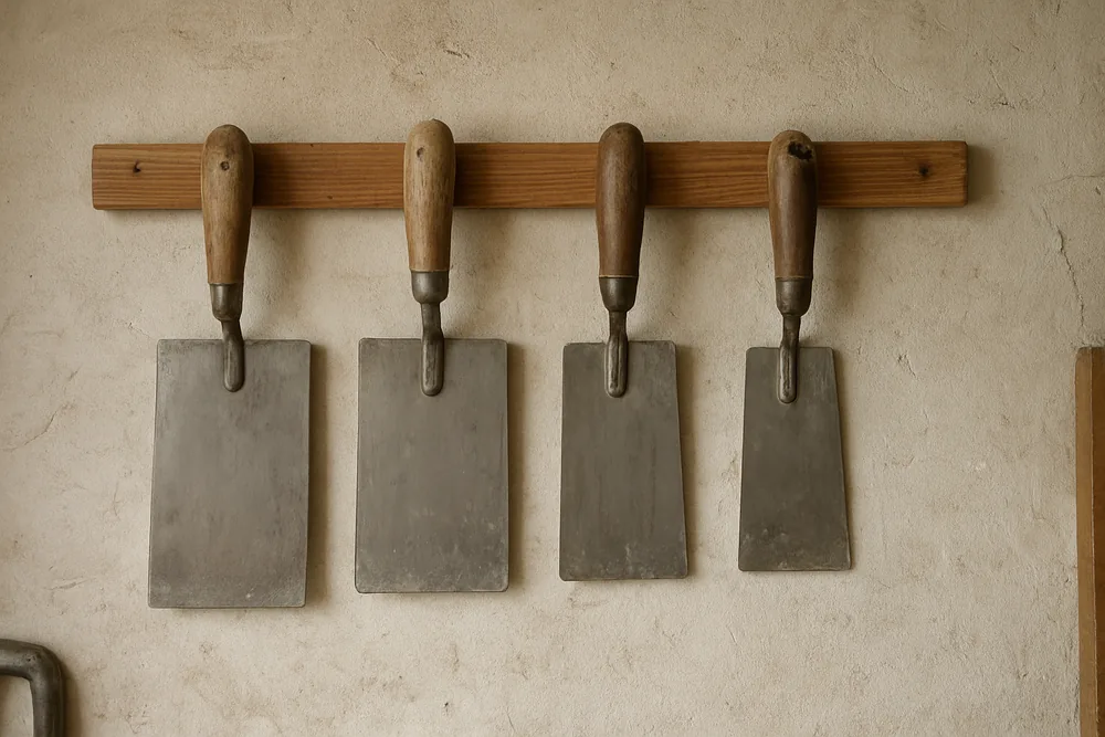 A row of plastering trowels of different sizes hanging on a workshop rail — choosing a heritage plasterer, Launceston. Illustrative example.