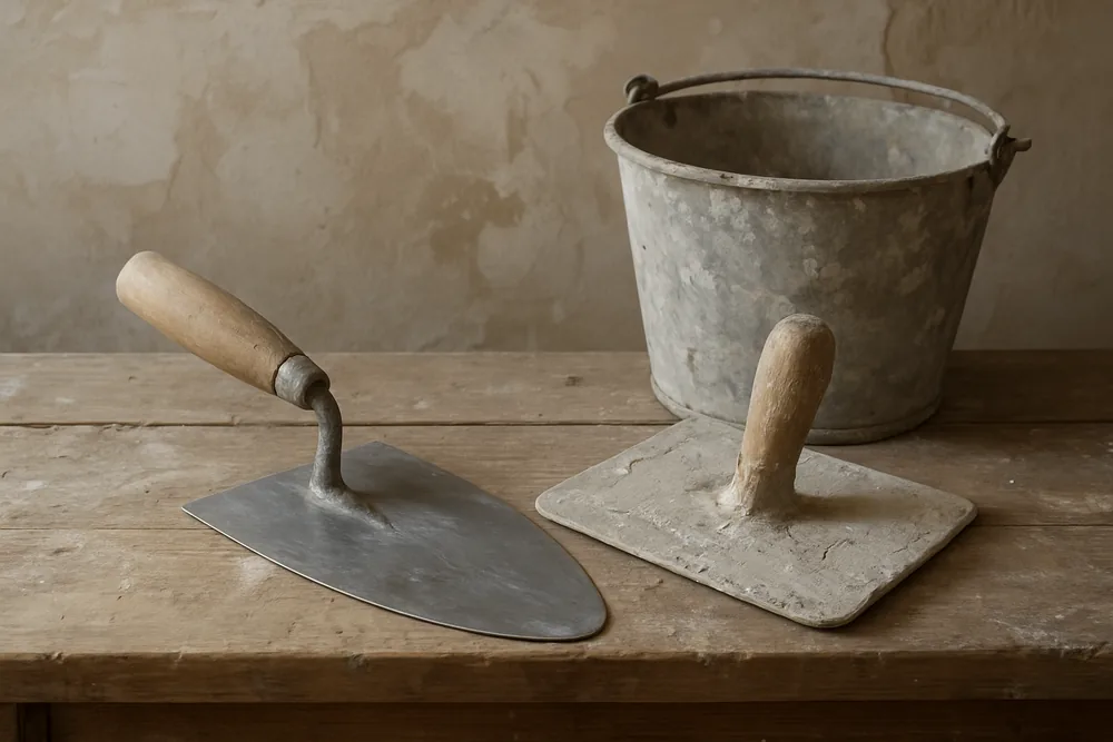 A steel trowel and a hawk on a workbench beside a bucket — choosing a heritage plasterer, Launceston. Illustrative example.