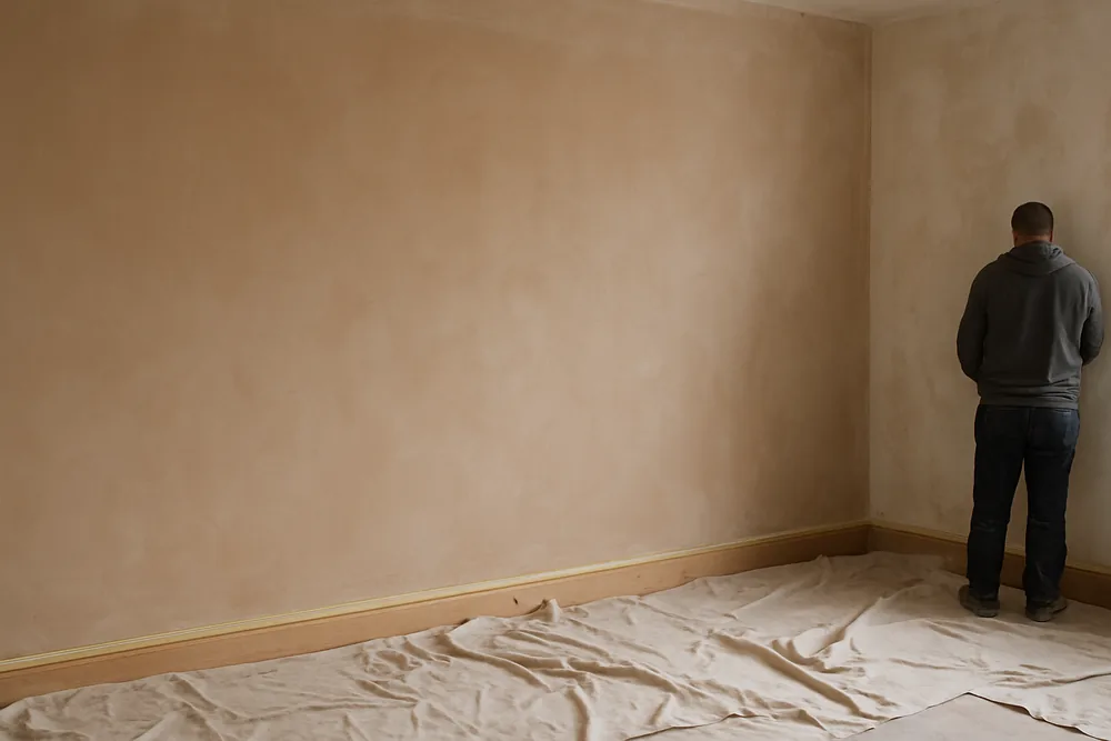 An interior wall with dust sheets on the floor and masking tape along a skirting — exterior and interior plastering, Launceston. Illustrative example.