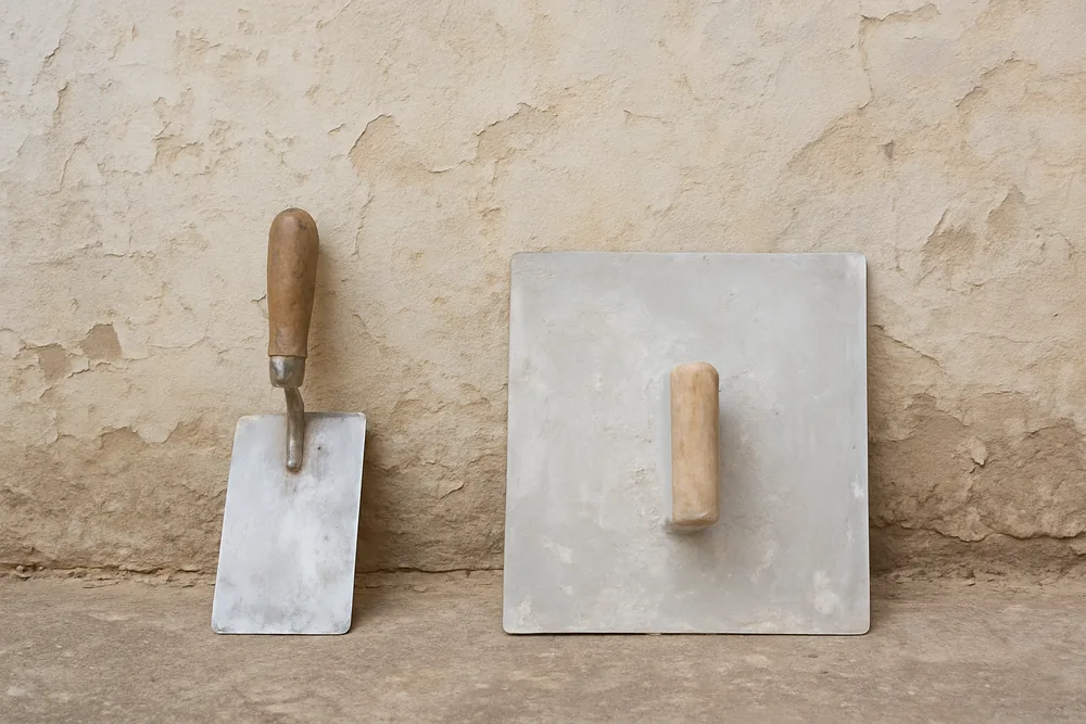 A steel plastering trowel and a flat plastering board resting against an old plastered wall — heritage approvals for plastering, Launceston. Illustrative example.