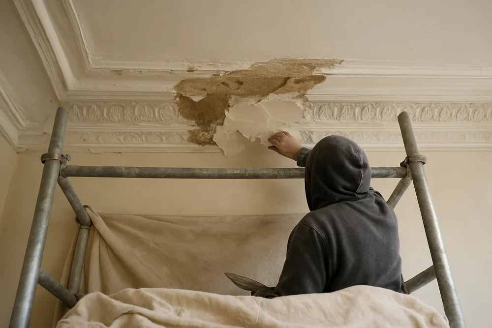 A run of plaster cornice being repaired at a high ceiling edge from a low scaffold tower — heritage plastering, Launceston. Illustrative example.