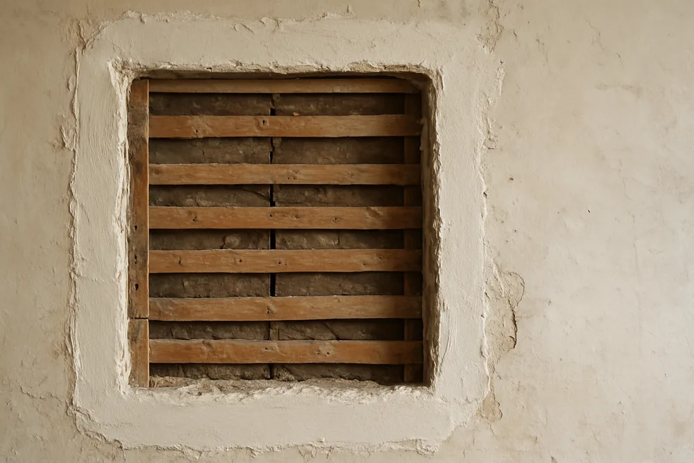 Exposed timber laths in an opened-up wall with a fresh plaster patch bordering the opening — heritage plastering, Launceston. Illustrative example.