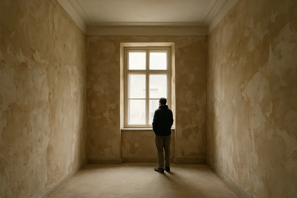A high-ceilinged room with bare patched plaster walls and a tall window — heritage plastering, Launceston. Illustrative example.