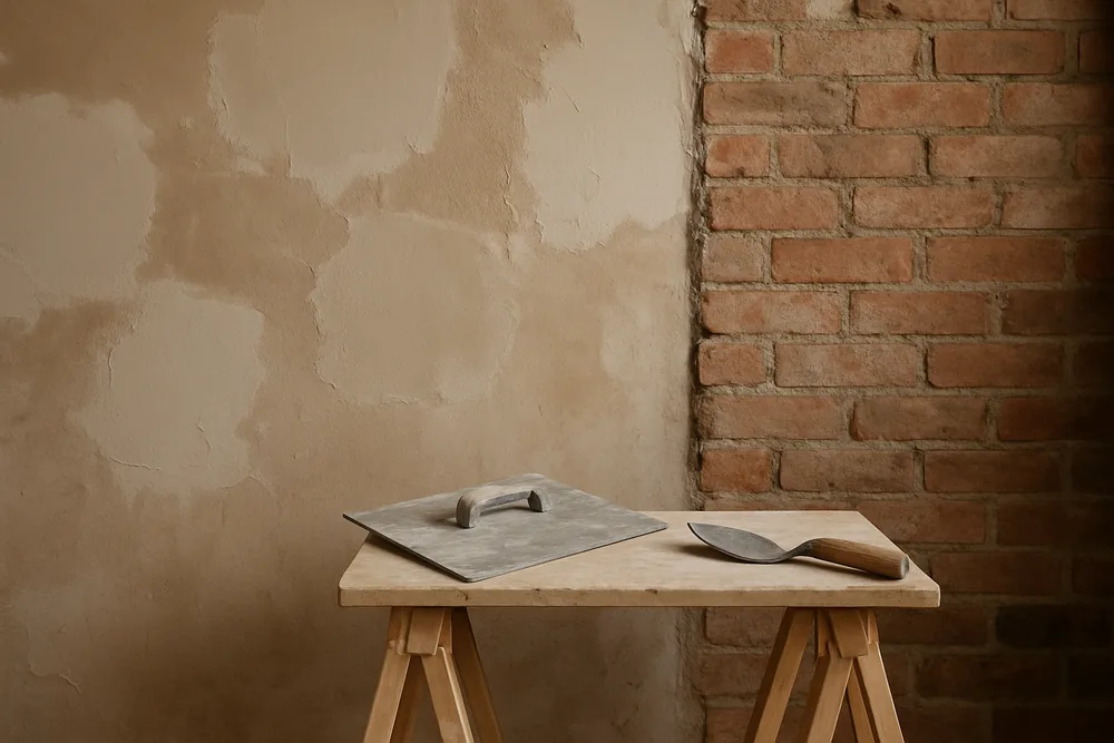 A bare interior wall patched in sections beside an exposed face-brick chimney breast, a hawk and trowel on a trestle — heritage plastering, Launceston. Illustrative example.