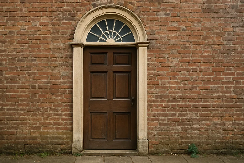 An old panelled front door with a fanlight above — local heritage places, Launceston. Illustrative example.