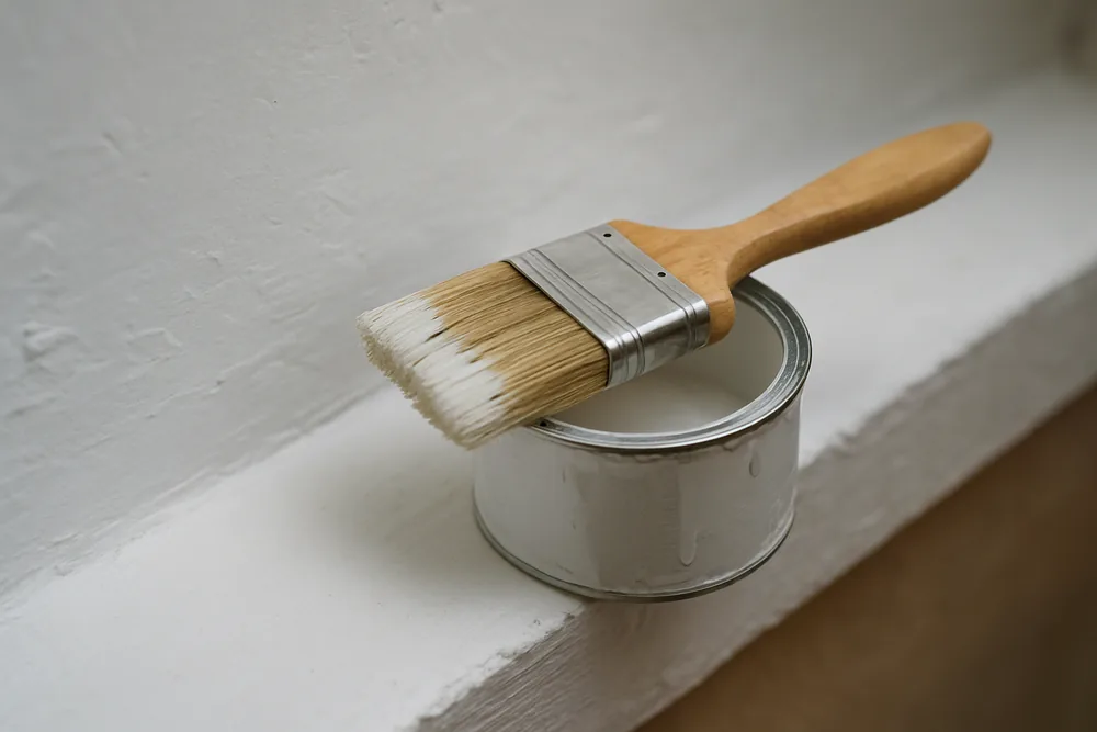 A paintbrush resting on an open tin beside a freshly painted plaster edge — minor works and permits, Launceston. Illustrative example.