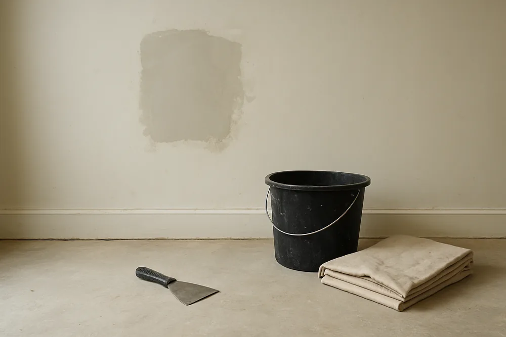 A paint scraper, a bucket and a folded dust sheet on the floor of a bare room with one patched wall — minor works and permits, Launceston. Illustrative example.